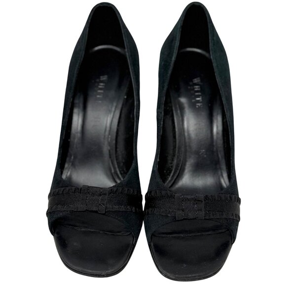 White House Black Market Vidal Black Suede Open Toe Curved Wedge Heels Size 6 - Picture 6 of 12